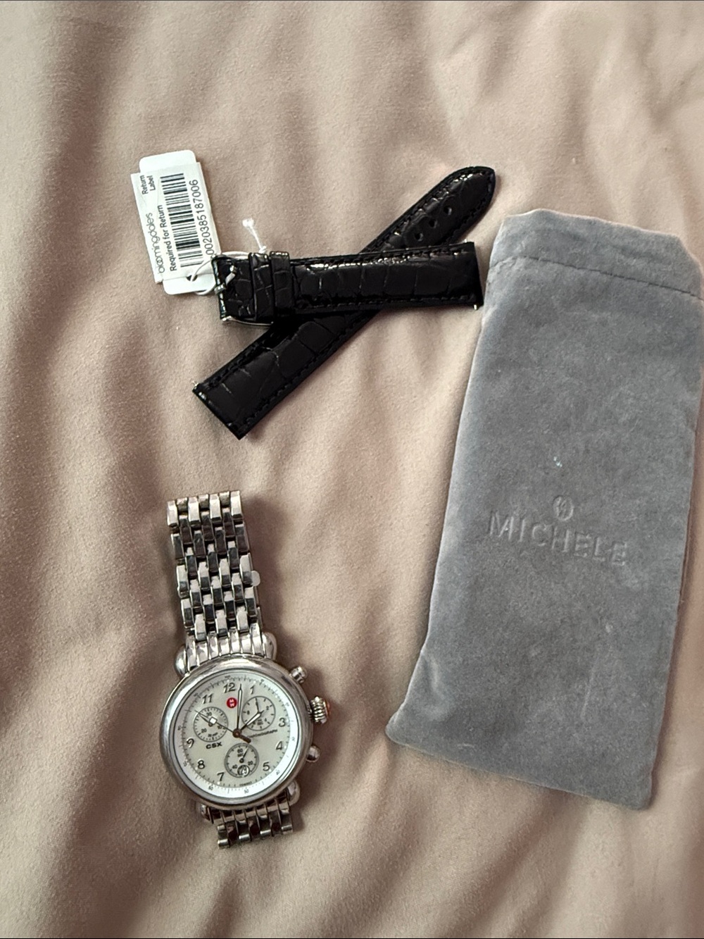 Michele Silver Stainless Steel Chronograph Watch with Black Leather Strap